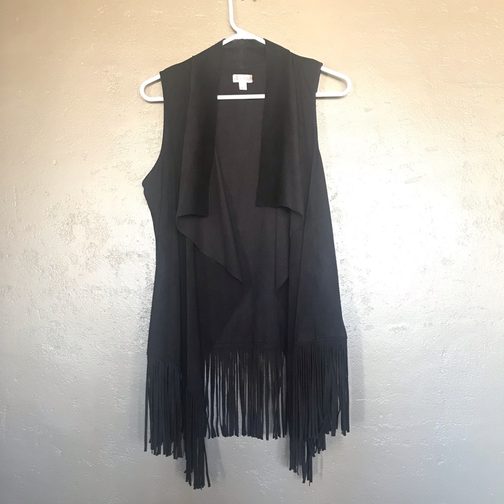 Black Waterfall Faux Suede Fringe Vest Festival - Picture 3 of 8